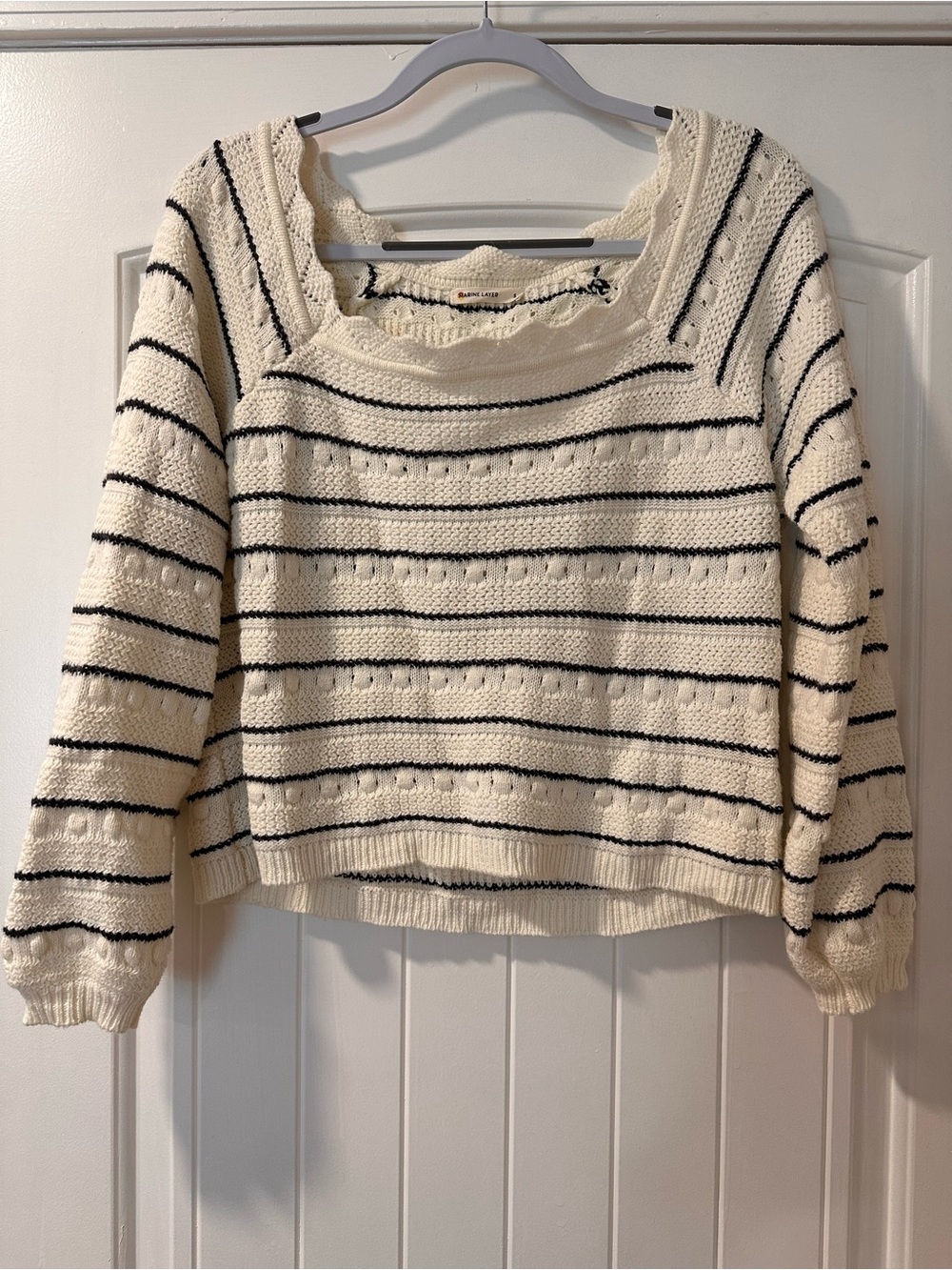 Marine Layer Cream Knit Scoopneck Sweater with Black Stripes
